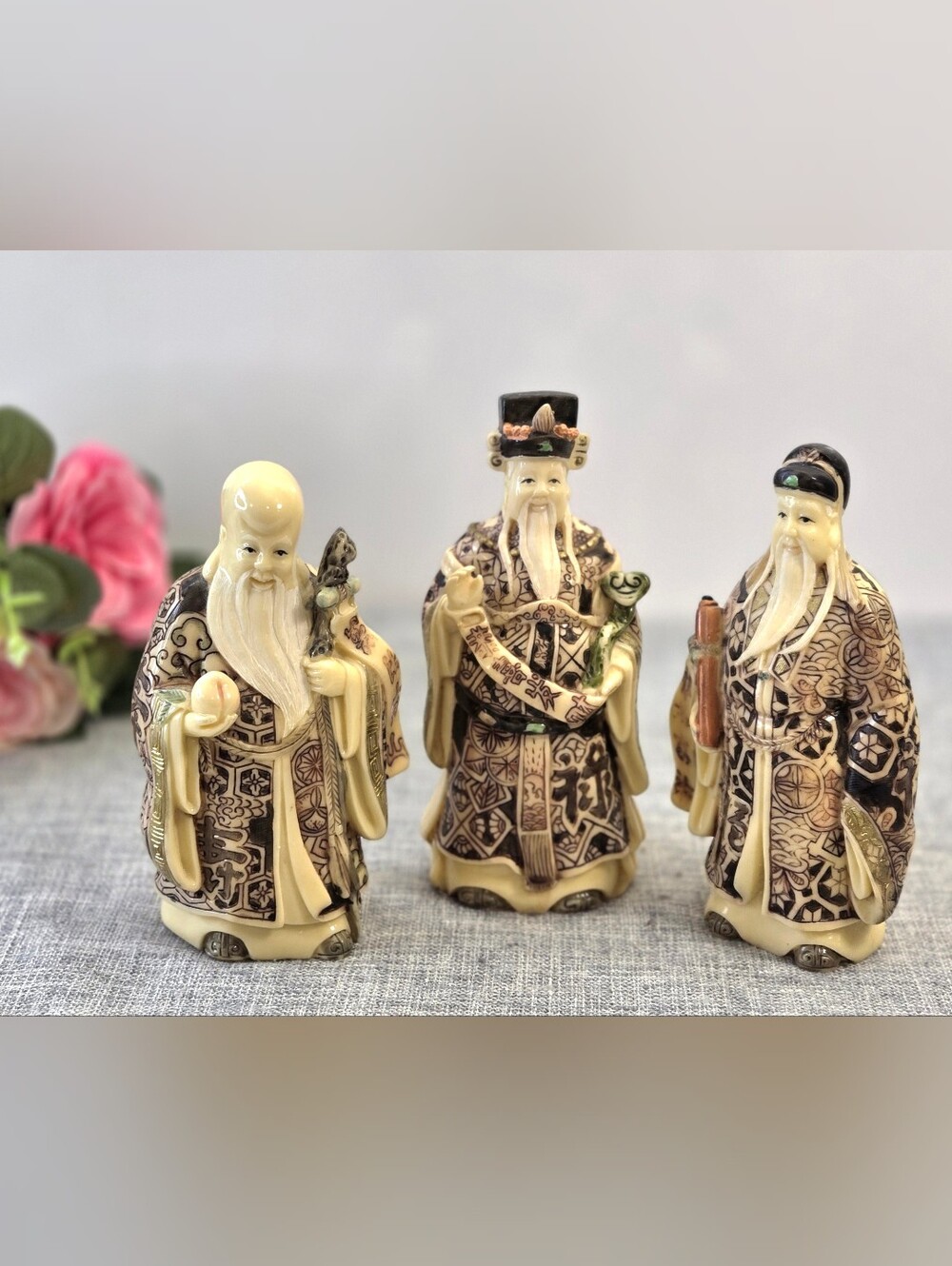 Vintage Chinese Fu Lu Shou Resin Statues 6" Faux Ivory San Xing Three Wise Men